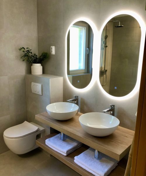 Modern and stylish bathroom in Villa Mahon near Split, featuring a walk-in shower and premium finishes.